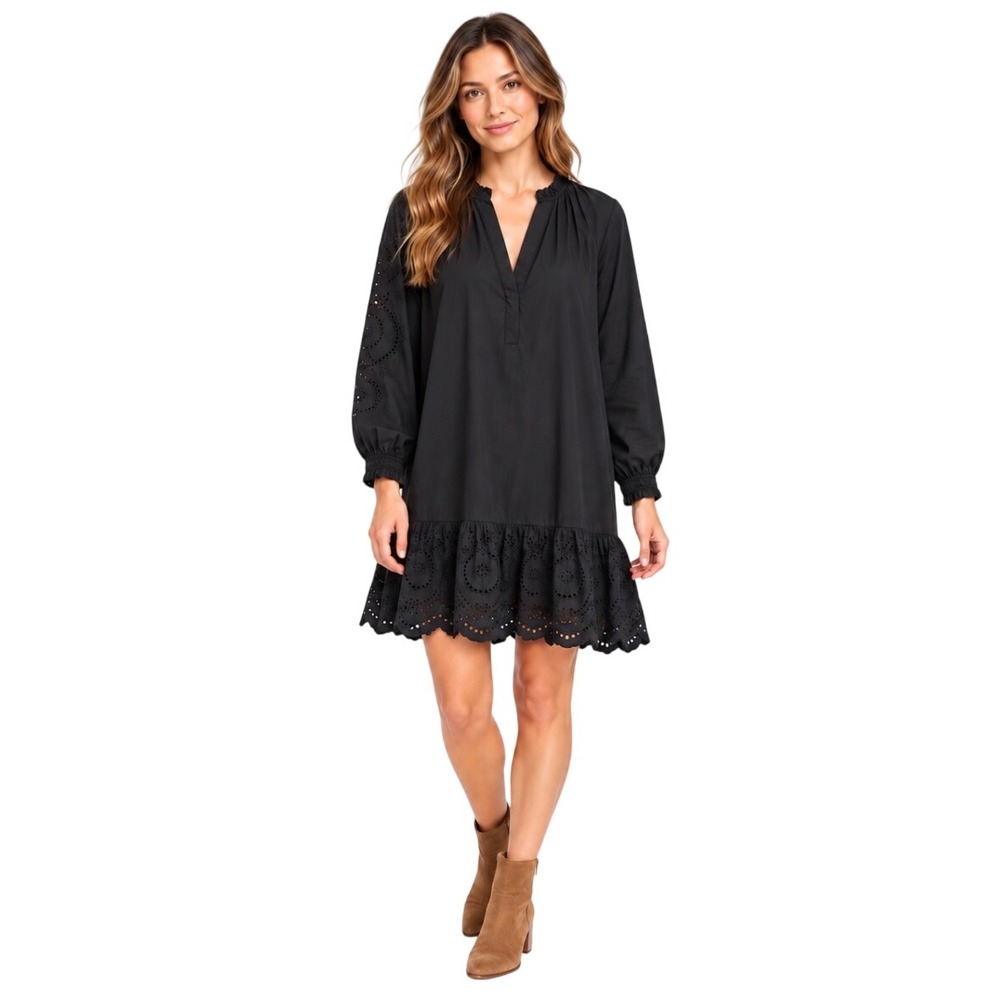 Rails Saylor Black Eyelet Dress Small Ruffle Neck Long Sleeve Mini 670-130D-4516